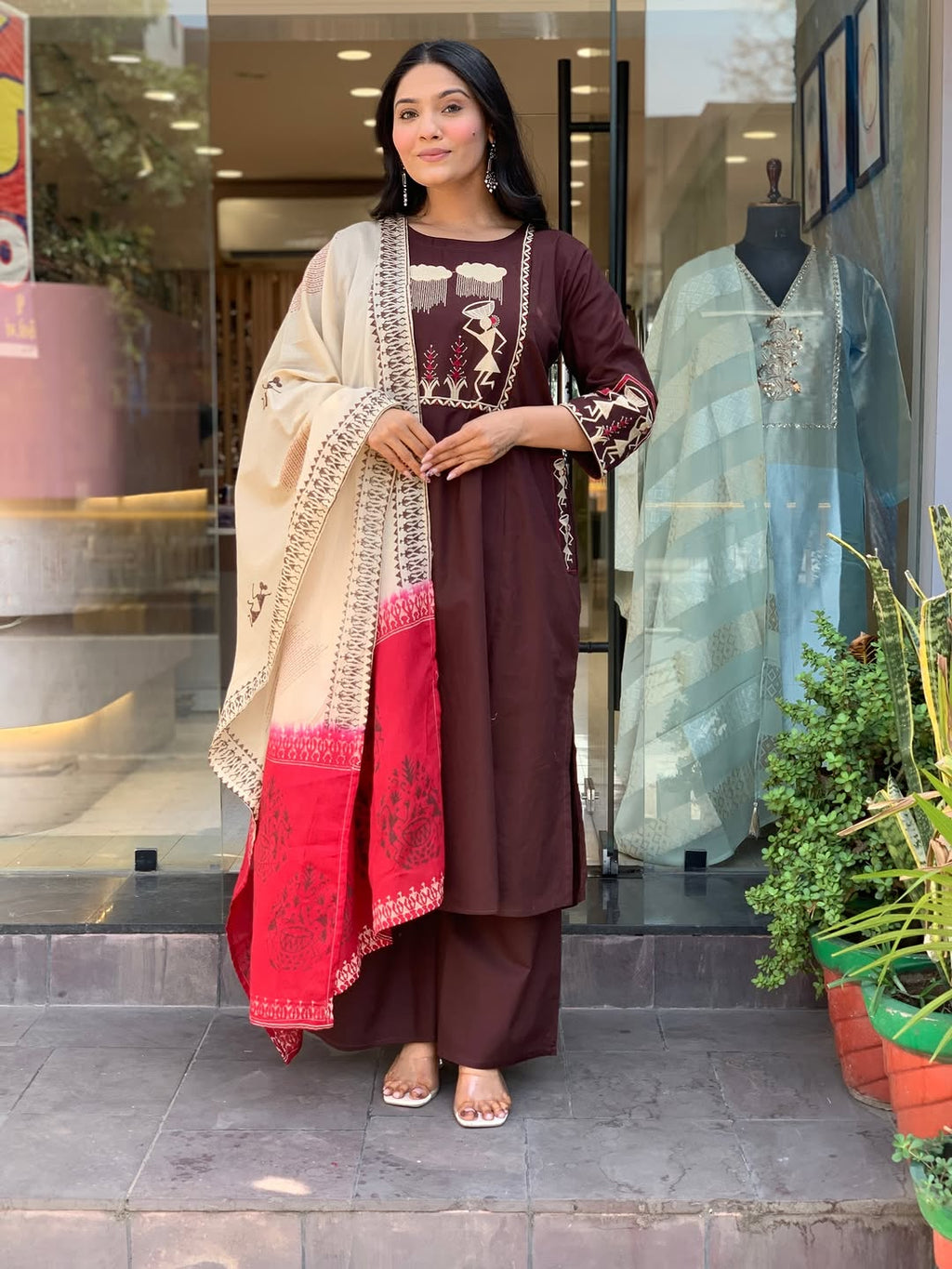 Chocolate Brown Cotton Straight Kurta Set with Warli Art Print Dupatta