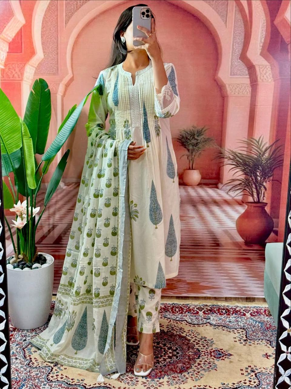 Serene Off-White & Sage Green Block Printed Anarkali Kurta Set with Dupatta