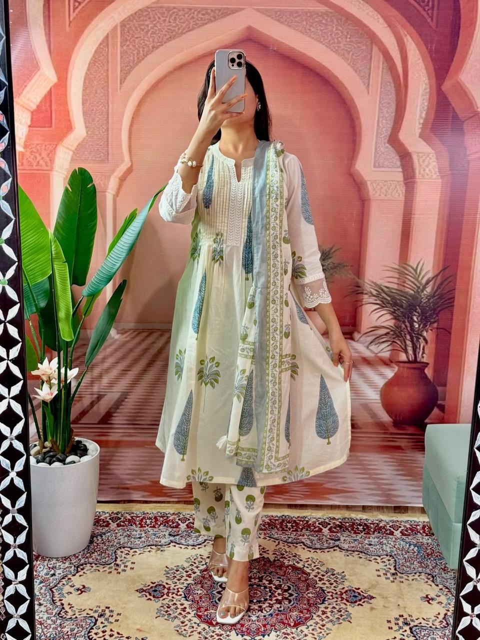 Serene Off-White & Sage Green Block Printed Anarkali Kurta Set with Dupatta