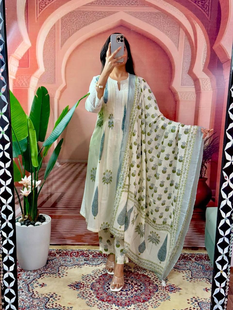 Serene Off-White & Sage Green Block Printed Anarkali Kurta Set with Dupatta