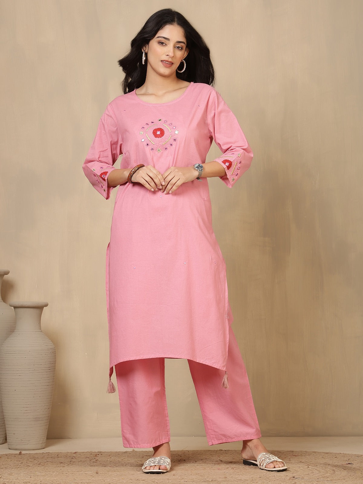 Baby Pink Embroidered Cotton Kurta Set with Straight-Fit Trousers