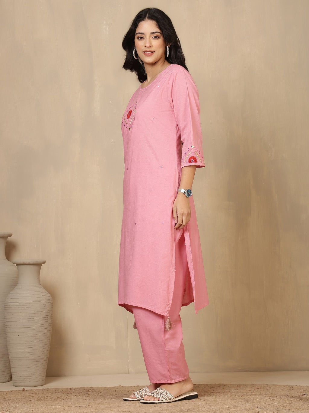 Baby Pink Embroidered Cotton Kurta Set with Straight-Fit Trousers