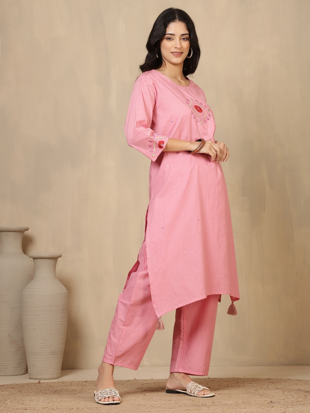 Baby Pink Embroidered Cotton Kurta Set with Straight-Fit Trousers