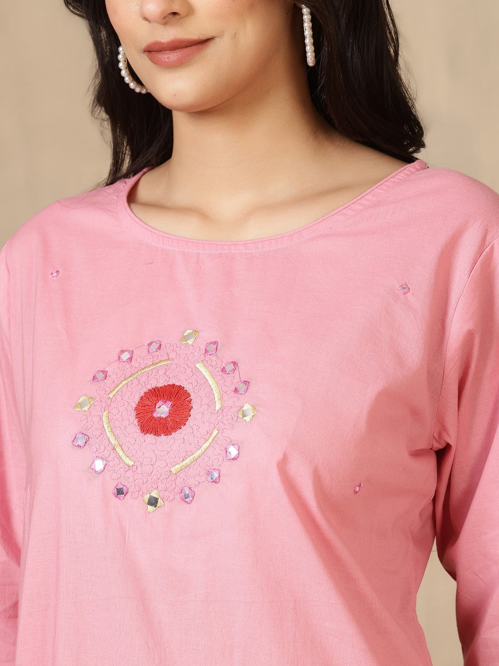 Baby Pink Embroidered Cotton Kurta Set with Straight-Fit Trousers