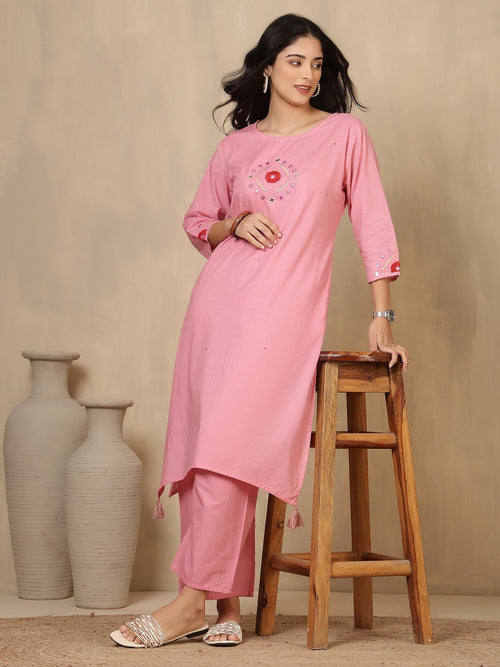 Baby Pink Embroidered Cotton Kurta Set with Straight-Fit Trousers