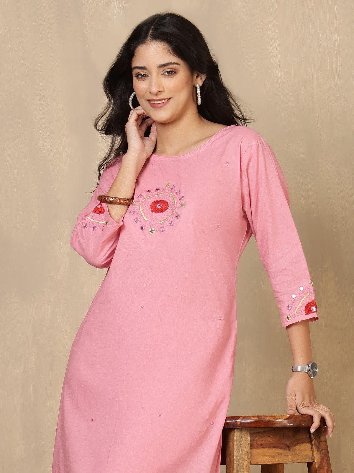 Baby Pink Embroidered Cotton Kurta Set with Straight-Fit Trousers
