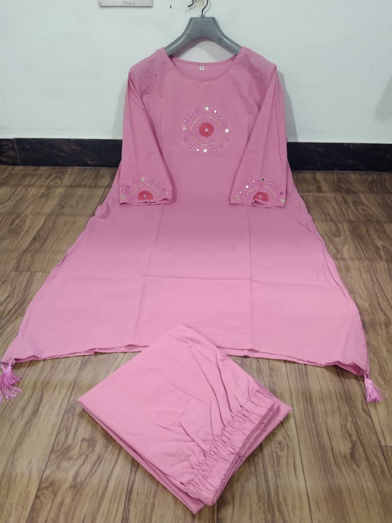 Baby Pink Embroidered Cotton Kurta Set with Straight-Fit Trousers