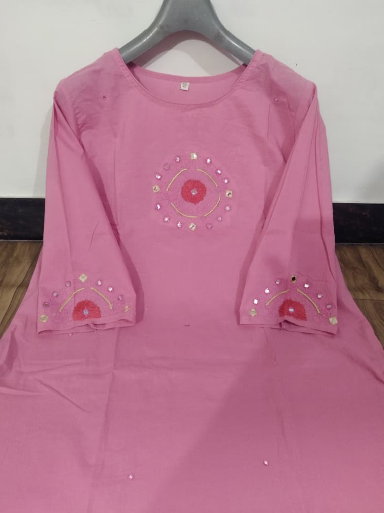 Baby Pink Embroidered Cotton Kurta Set with Straight-Fit Trousers