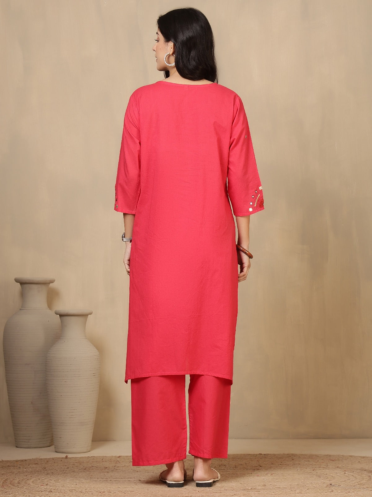 Vibrant Fuchsia Pink Embroidered Cotton Kurta Set with Wide-Leg Trousers