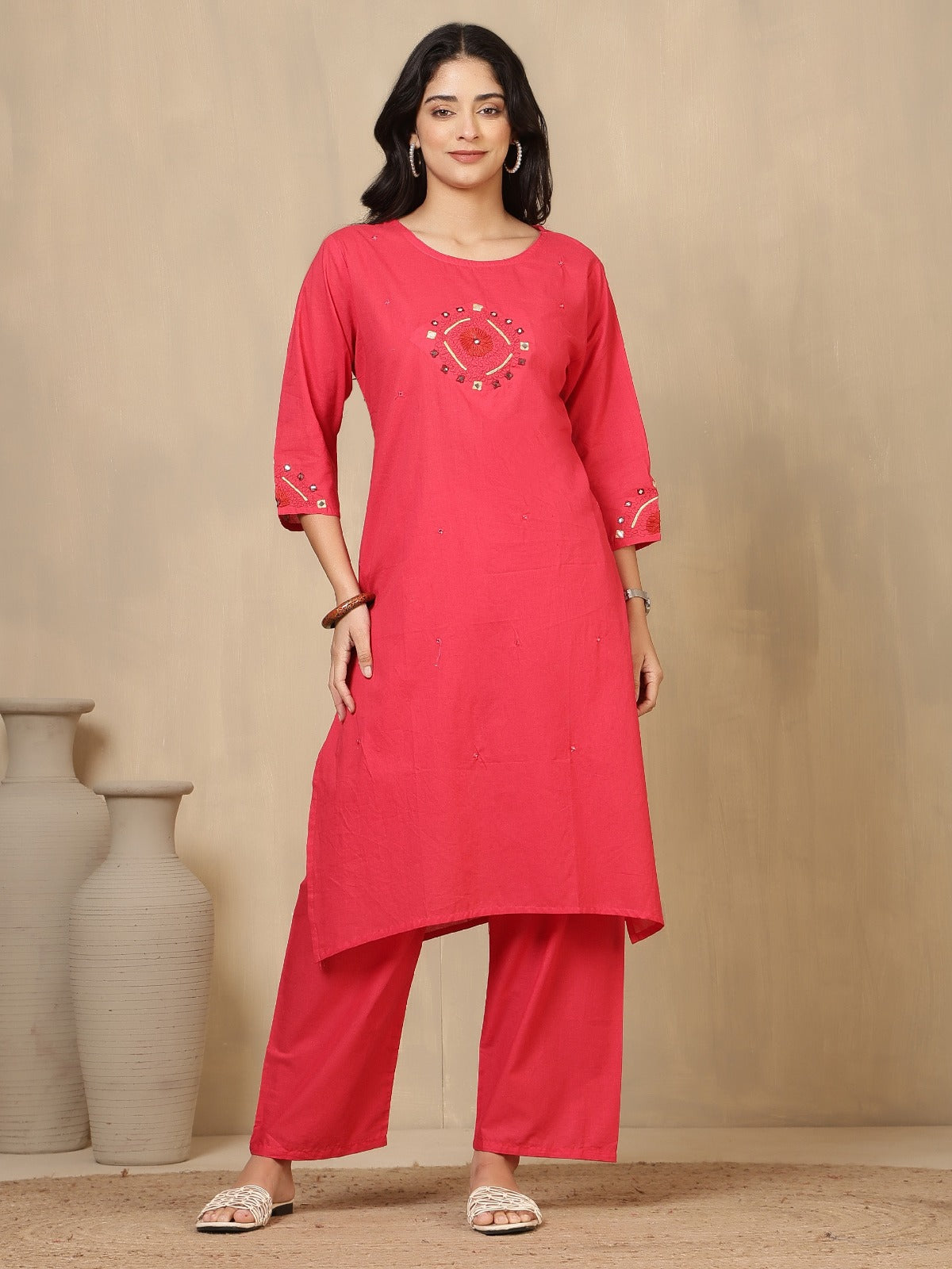 Vibrant Fuchsia Pink Embroidered Cotton Kurta Set with Wide-Leg Trousers