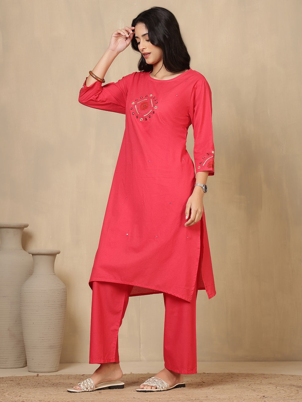 Vibrant Fuchsia Pink Embroidered Cotton Kurta Set with Wide-Leg Trousers