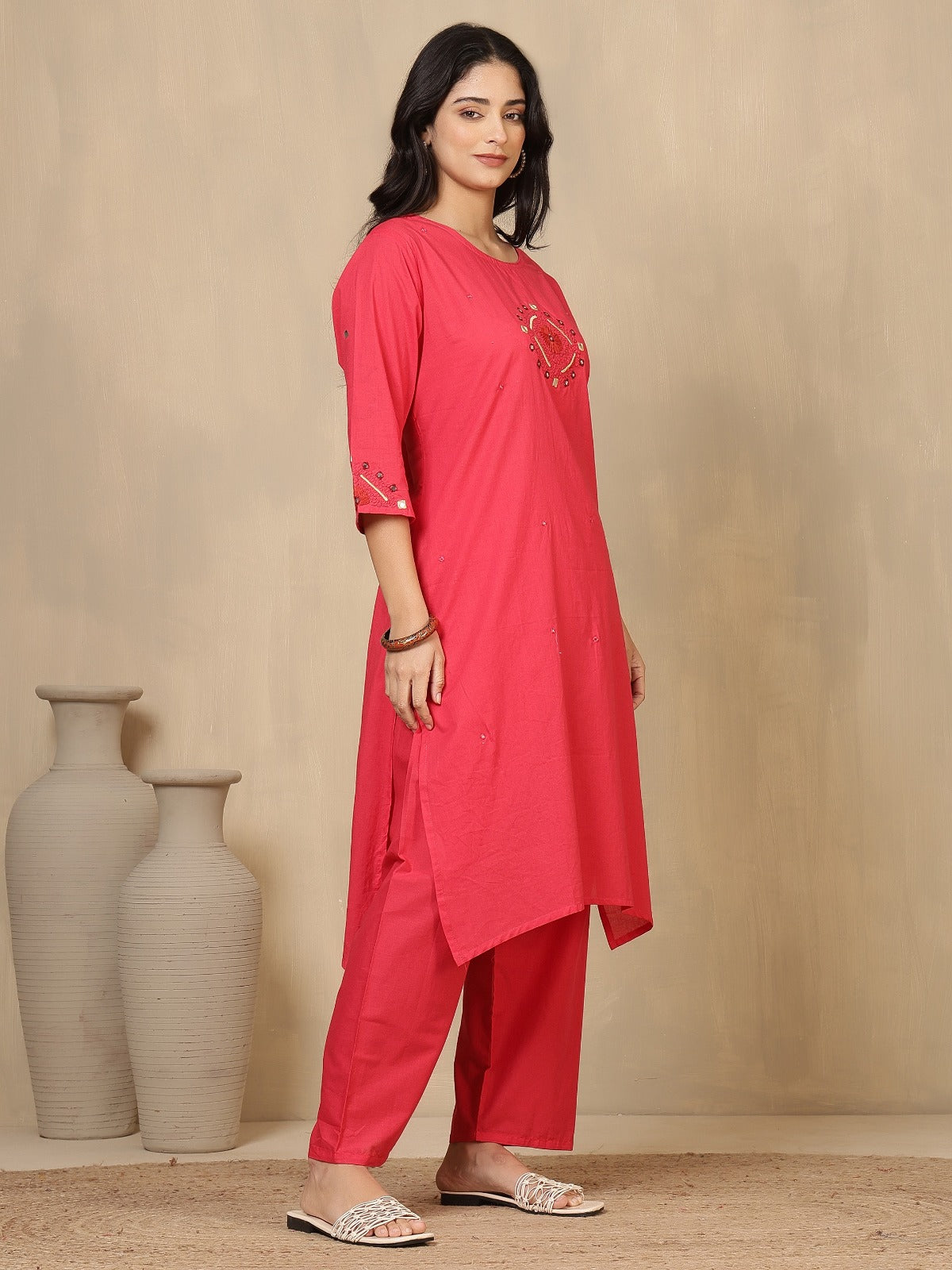 Vibrant Fuchsia Pink Embroidered Cotton Kurta Set with Wide-Leg Trousers