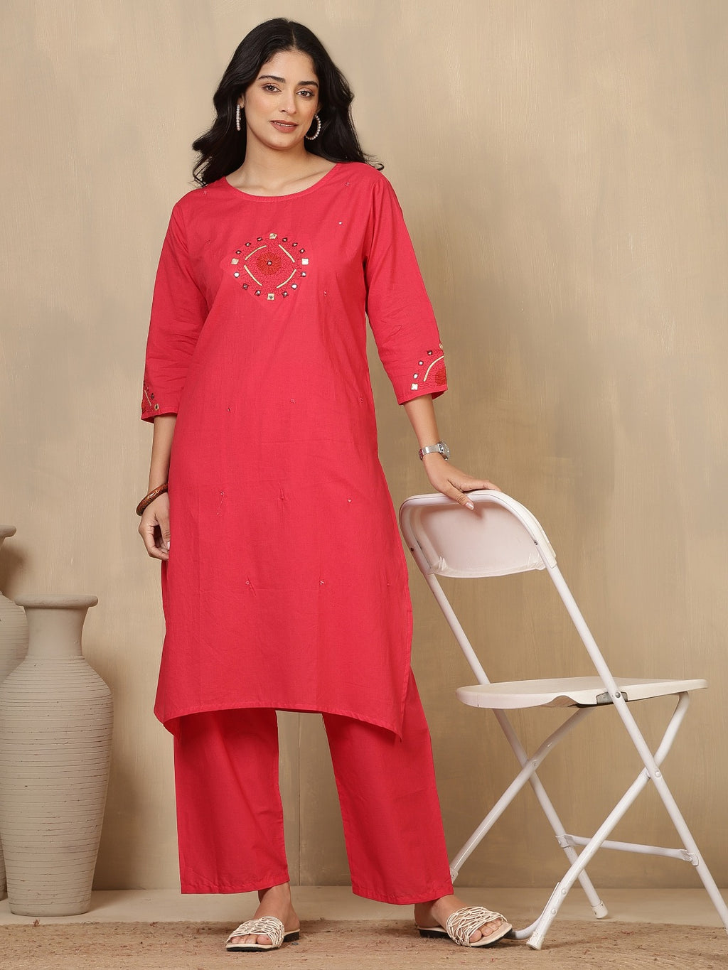 Vibrant Fuchsia Pink Embroidered Cotton Kurta Set with Wide-Leg Trousers