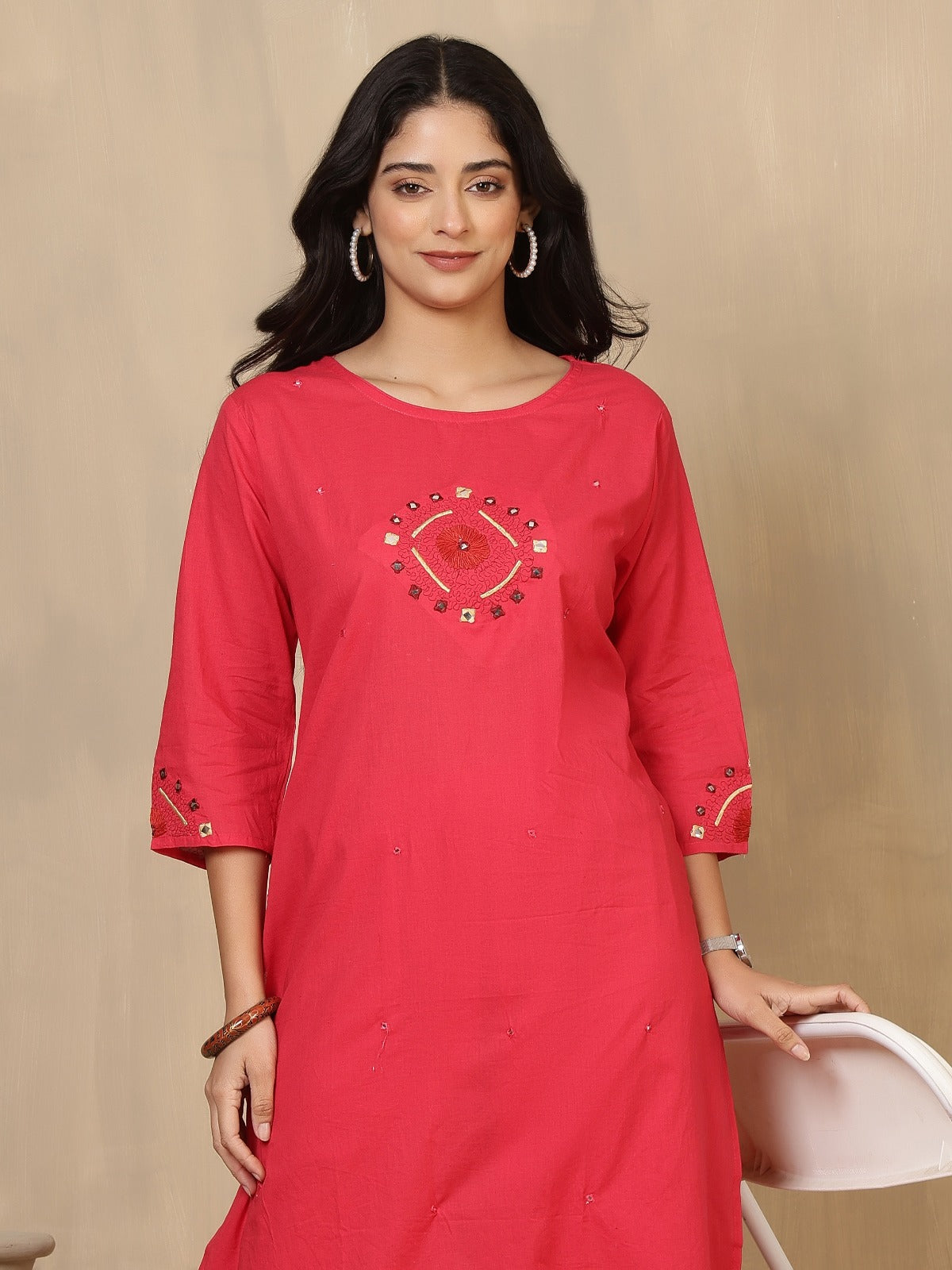 Vibrant Fuchsia Pink Embroidered Cotton Kurta Set with Wide-Leg Trousers