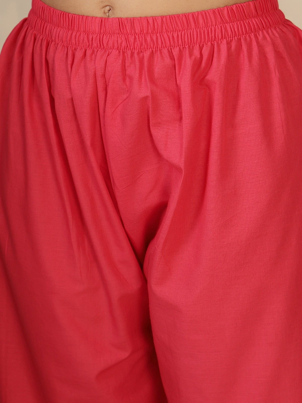 Vibrant Fuchsia Pink Embroidered Cotton Kurta Set with Wide-Leg Trousers