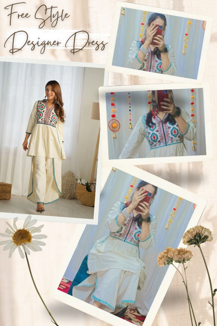 Cream Embroidered Peplum Kurta with Tulip Pants – Two Piece Co-ord Set