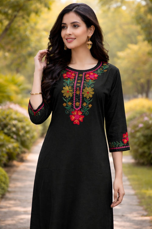 Classic Black Cotton Straight Kurta Set with Multi-Color Floral Embroidery
