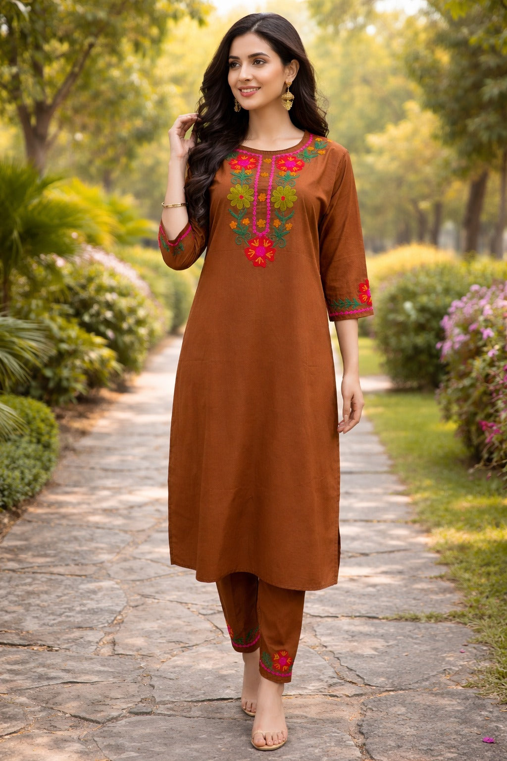 Chocolate Brown Cotton Straight Kurta Set with Multi-Color Floral Embroidery