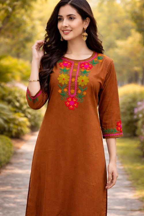 Chocolate Brown Cotton Straight Kurta Set with Multi-Color Floral Embroidery