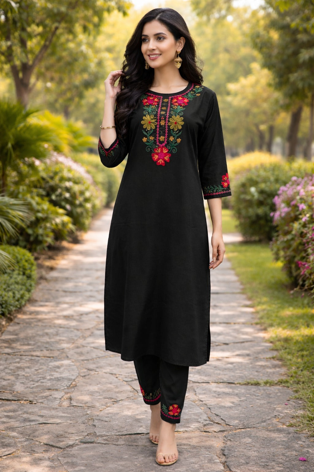 Classic Black Cotton Straight Kurta Set with Multi-Color Floral Embroidery