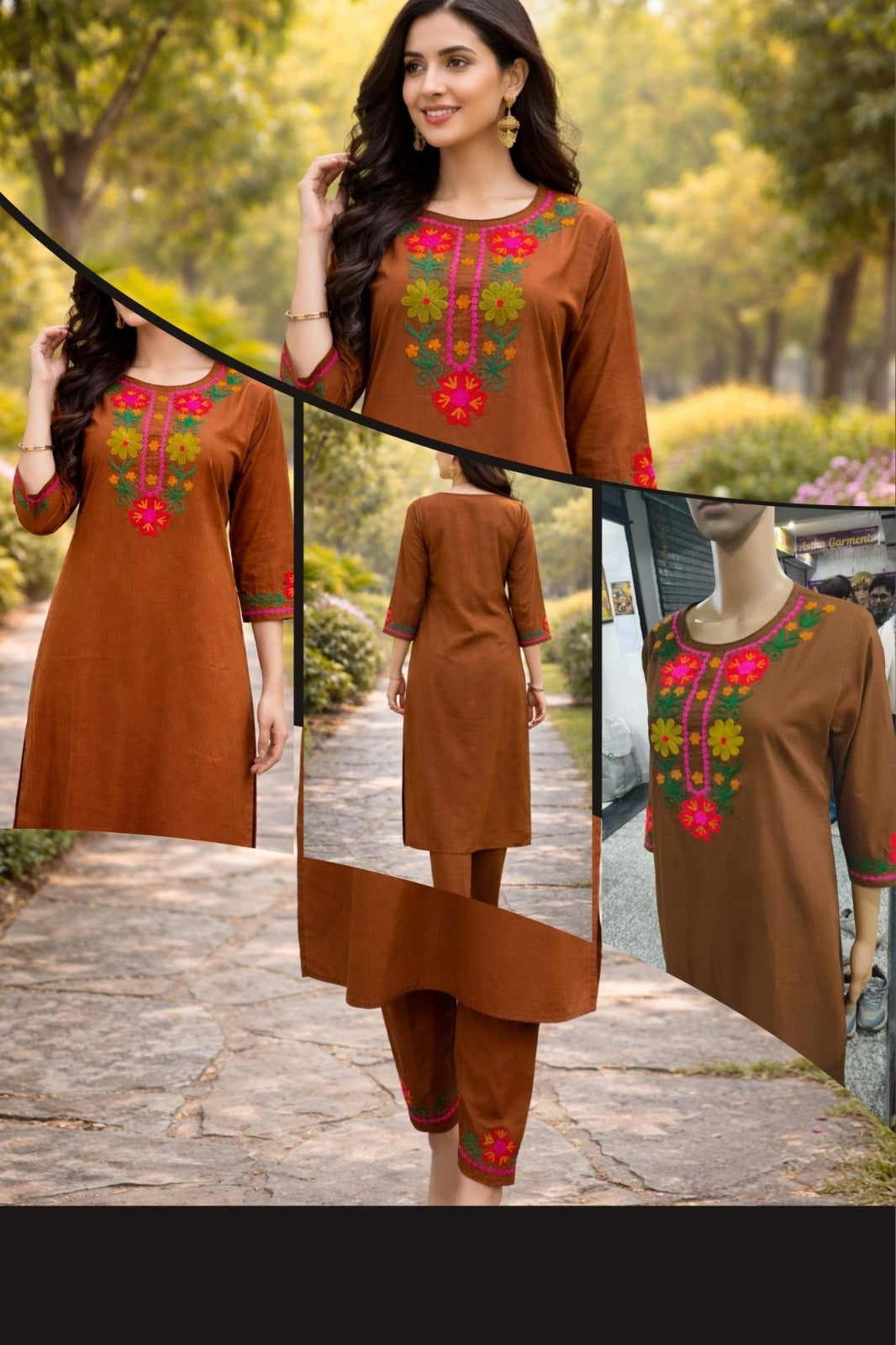 Chocolate Brown Cotton Straight Kurta Set with Multi-Color Floral Embroidery