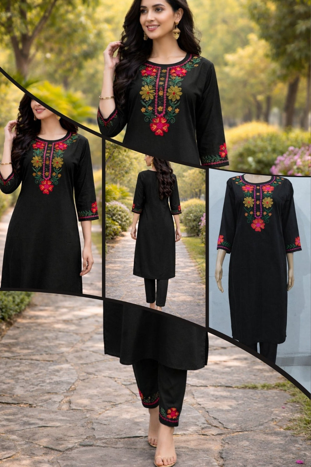 Classic Black Cotton Straight Kurta Set with Multi-Color Floral Embroidery