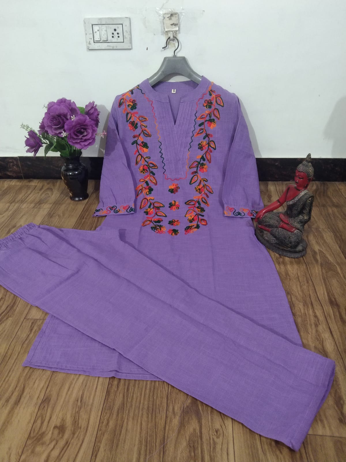 Lavender Cotton Slub Straight Kurta Set with Multi-Color Floral Embroidery