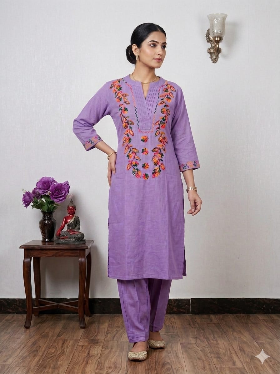 Lavender Cotton Slub Straight Kurta Set with Multi-Color Floral Embroidery