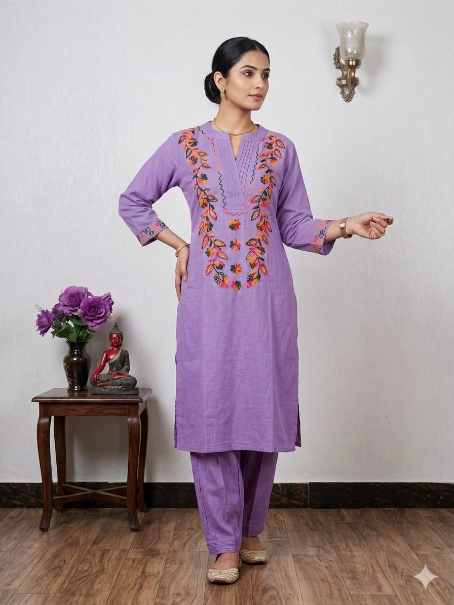 Lavender Cotton Slub Straight Kurta Set with Multi-Color Floral Embroidery