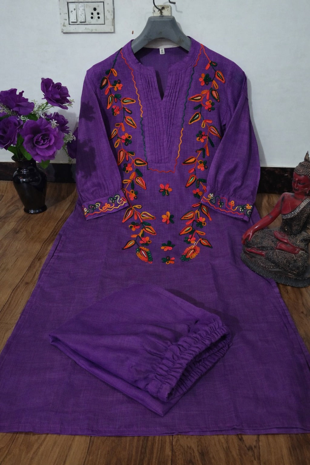 Elegant Purple Embroidered Cotton Kurta Set with Straight-Fit Trousers