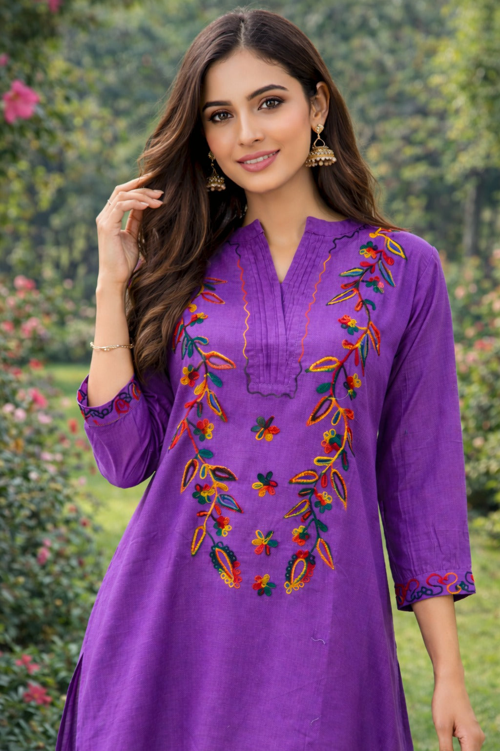 Elegant Purple Embroidered Cotton Kurta Set with Straight-Fit Trousers