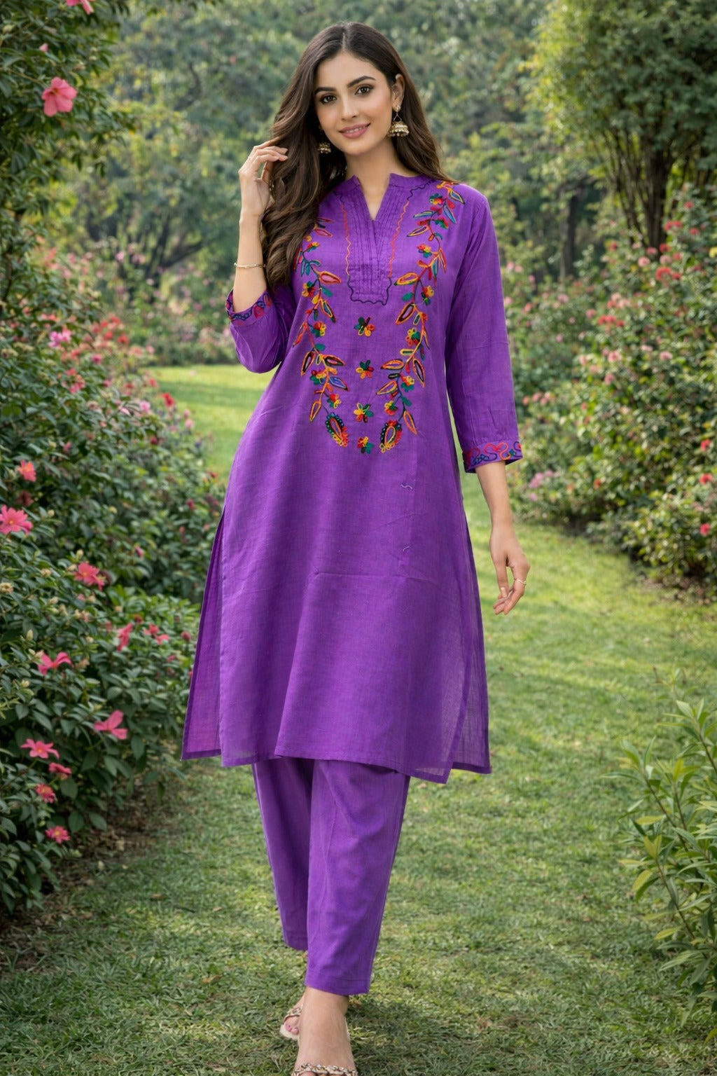 Elegant Purple Embroidered Cotton Kurta Set with Straight-Fit Trousers