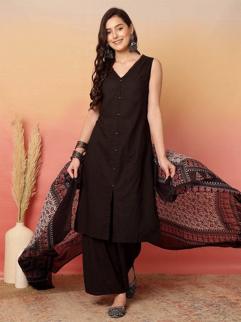 Elegant Black Sleeveless Cotton Kurta Set with Ajrakh Printed Dupatta