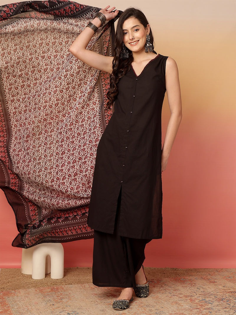 Elegant Black Sleeveless Cotton Kurta Set with Ajrakh Printed Dupatta
