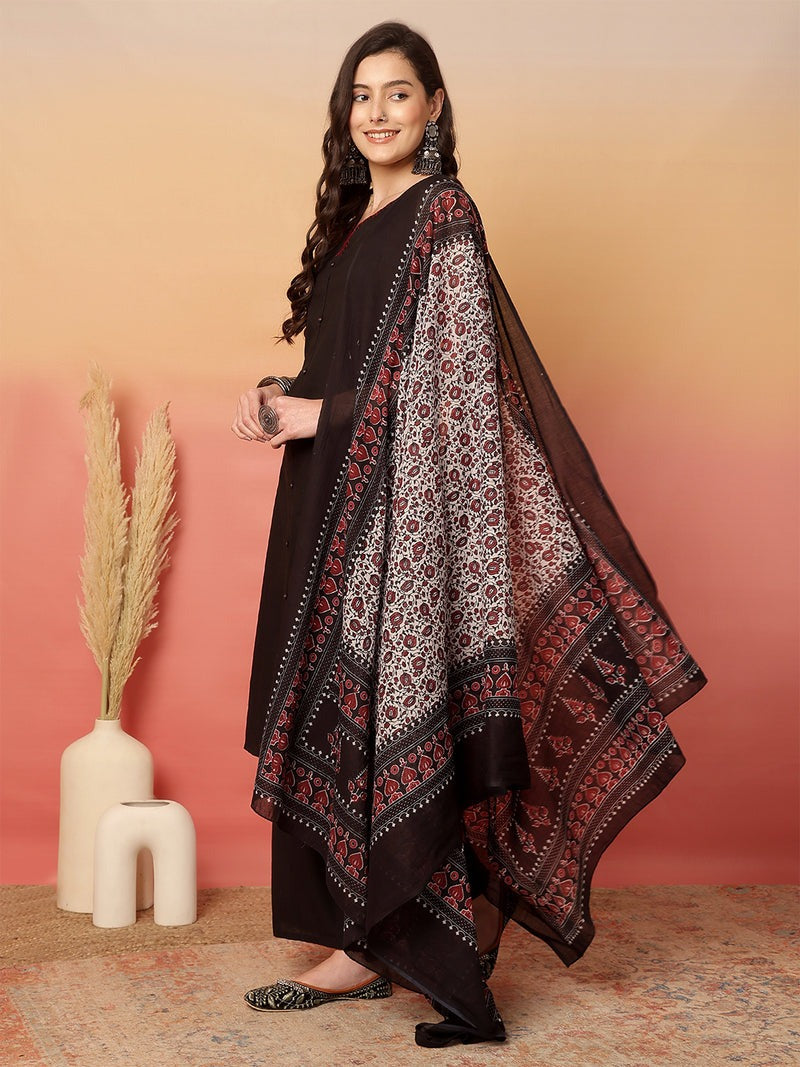 Elegant Black Sleeveless Cotton Kurta Set with Ajrakh Printed Dupatta
