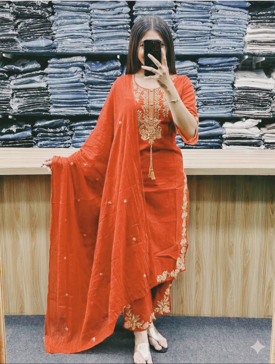 Rust Orange Cotton Slub Straight Kurta Set with White Floral Embroidery