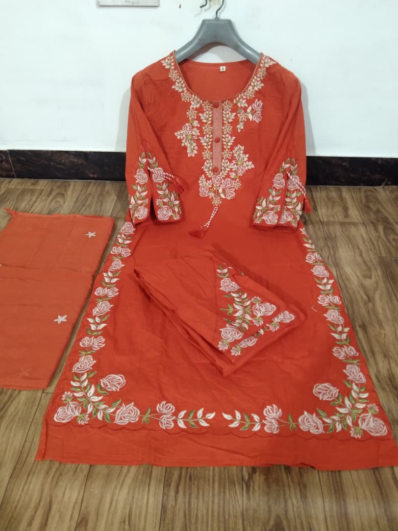 Rust Orange Cotton Slub Straight Kurta Set with White Floral Embroidery