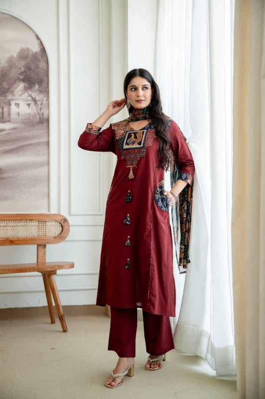 Maroon Bandhani Printed Straight Kurta Set with Palazzo and Dupatta