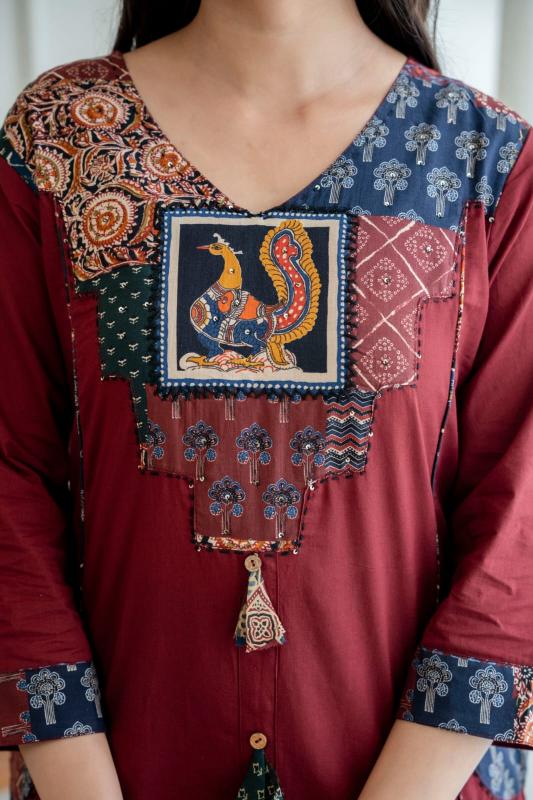 Maroon Bandhani Printed Straight Kurta Set with Palazzo and Dupatta