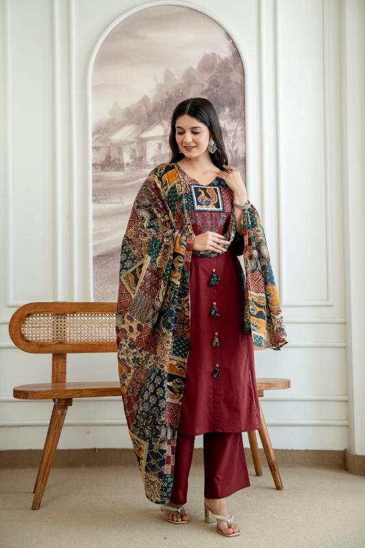 Maroon Bandhani Printed Straight Kurta Set with Palazzo and Dupatta