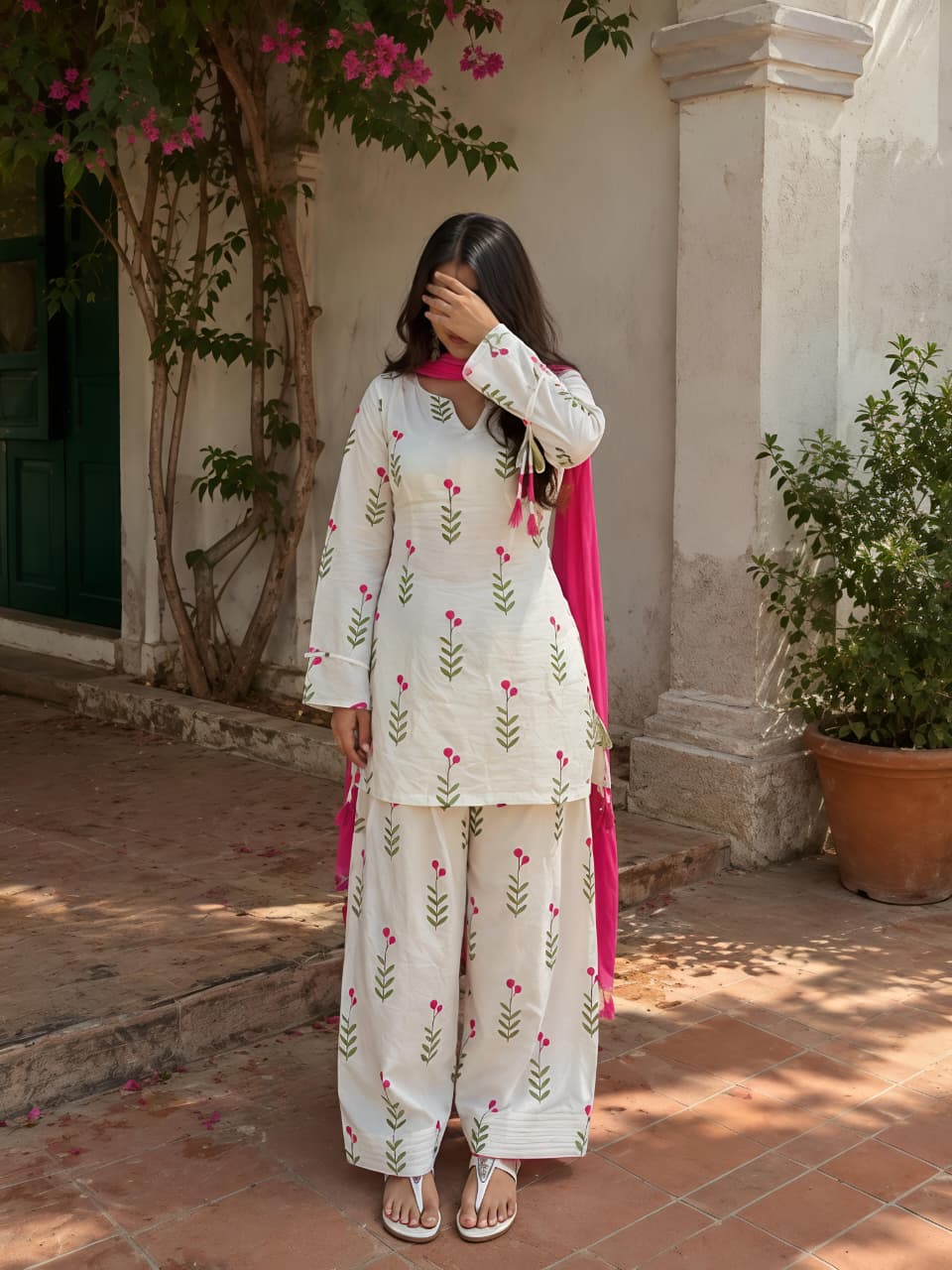 Ivory Tulip Vine Embroidered Cotton Co-ord Set
