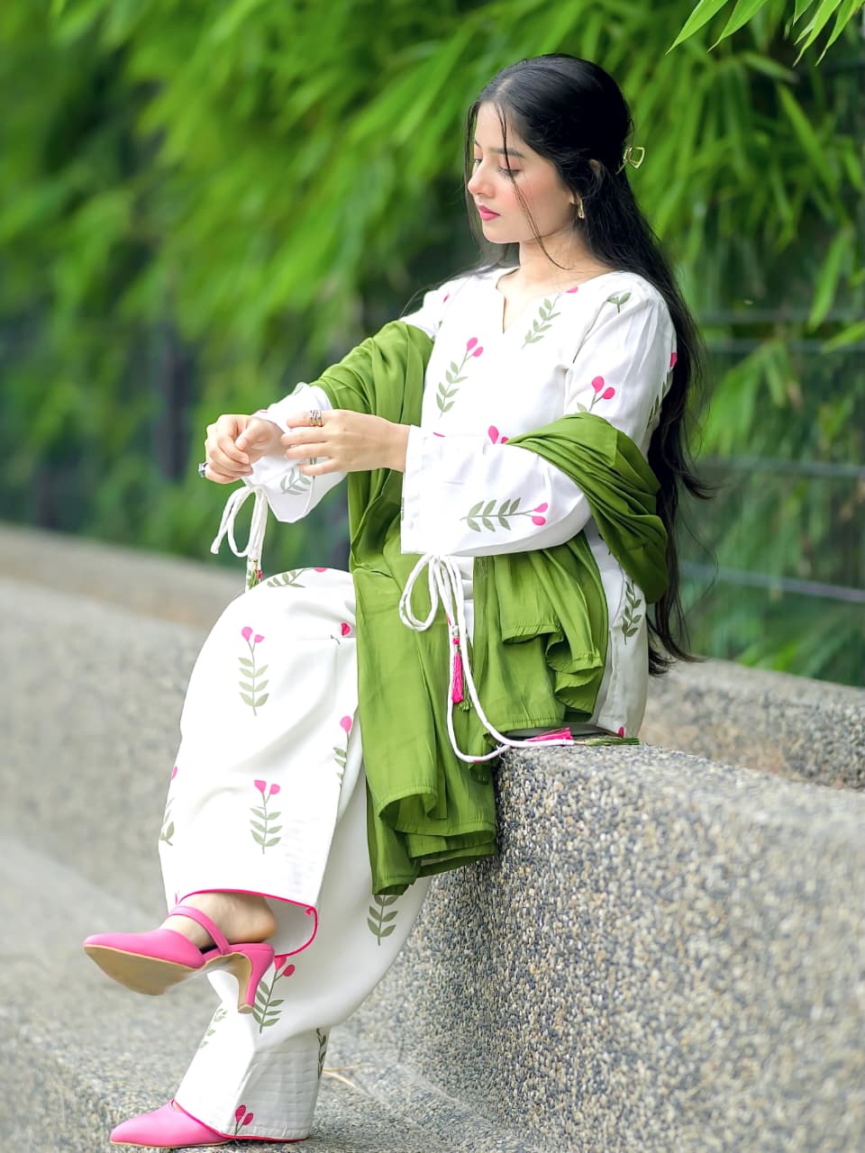 Ivory Tulip Olive Embroidered Cotton Co-ord Set