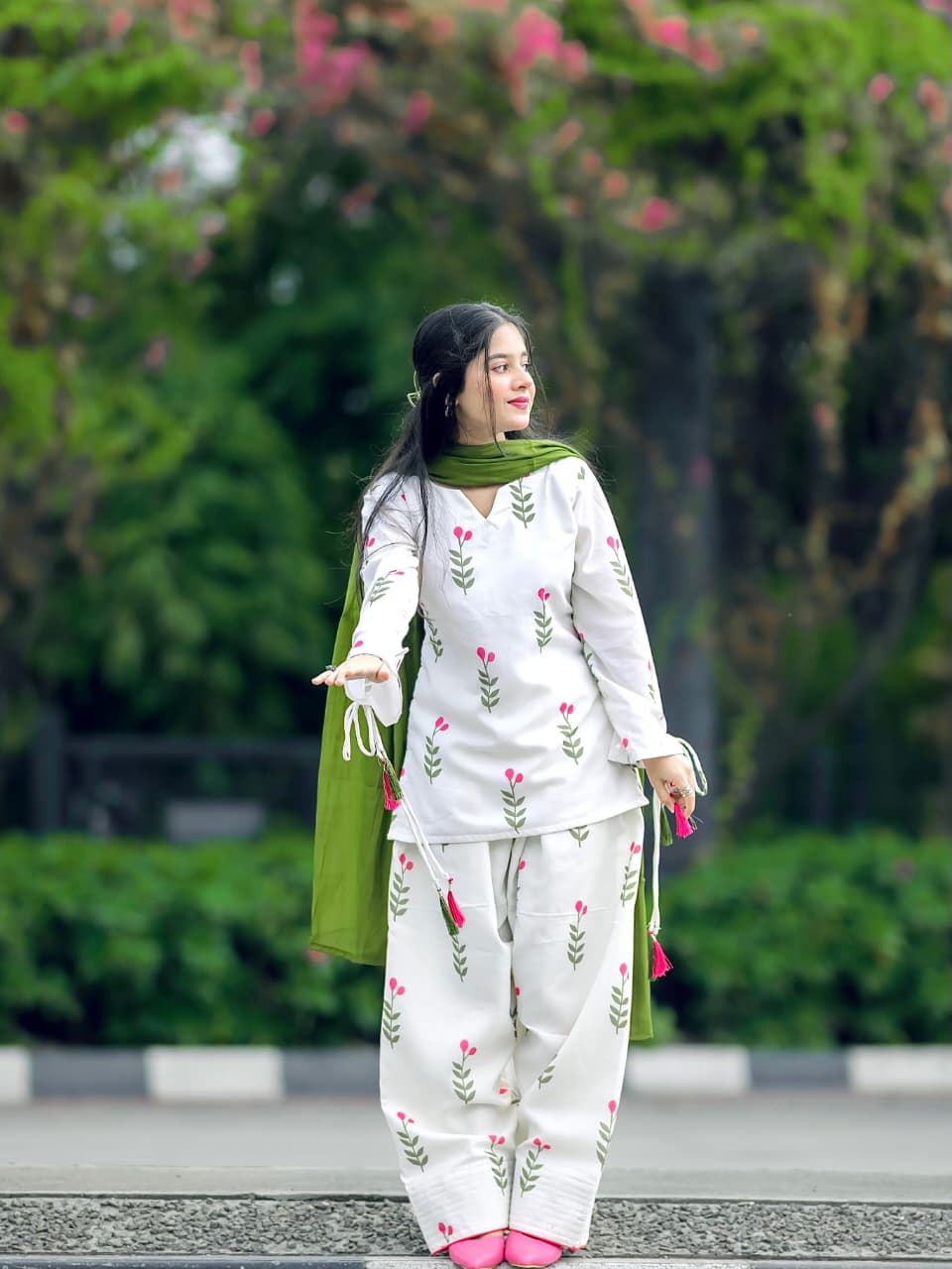 Ivory Tulip Olive Embroidered Cotton Co-ord Set