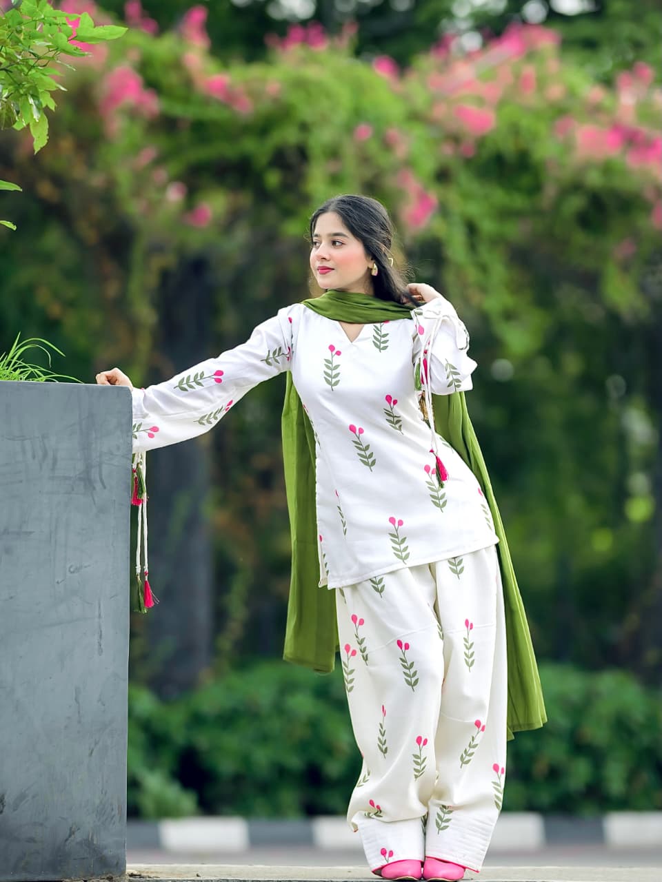 Ivory Tulip Olive Embroidered Cotton Co-ord Set