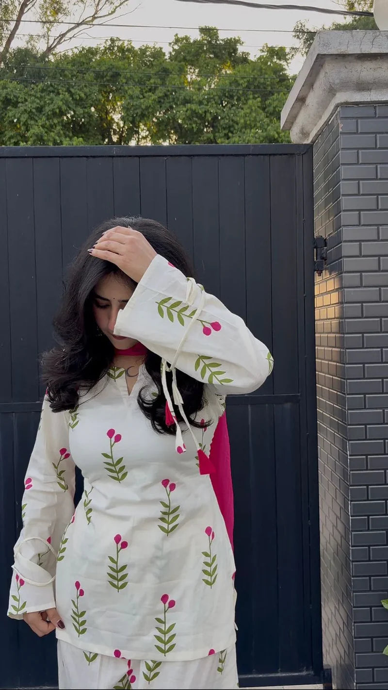 Ivory Tulip Vine Embroidered Cotton Co-ord Set