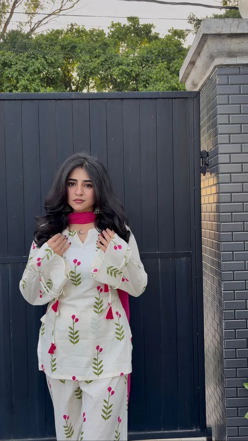 Ivory Tulip Vine Embroidered Cotton Co-ord Set