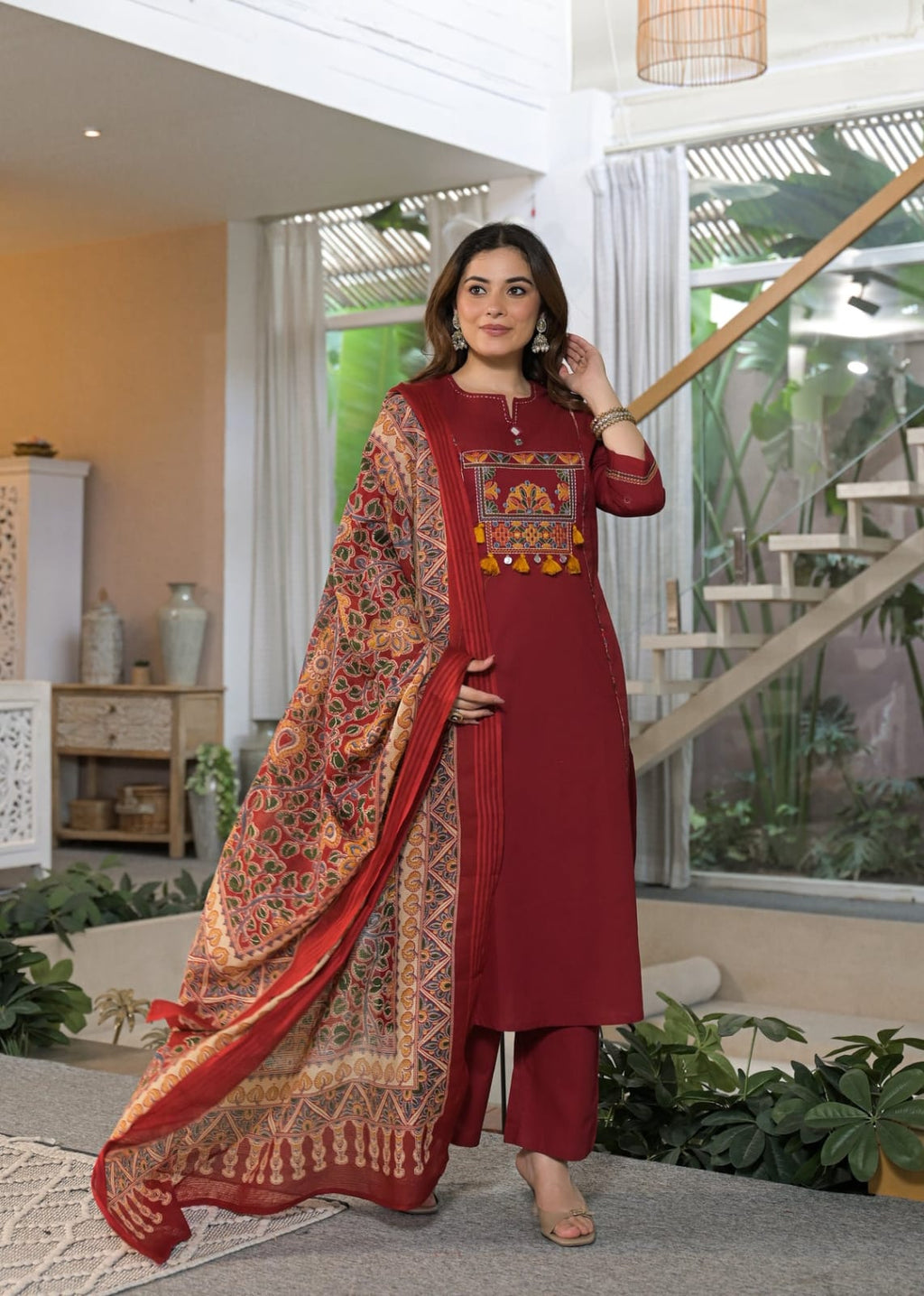 Maroon Embroidered Kurta Set with Kalamkari Print Dupatta