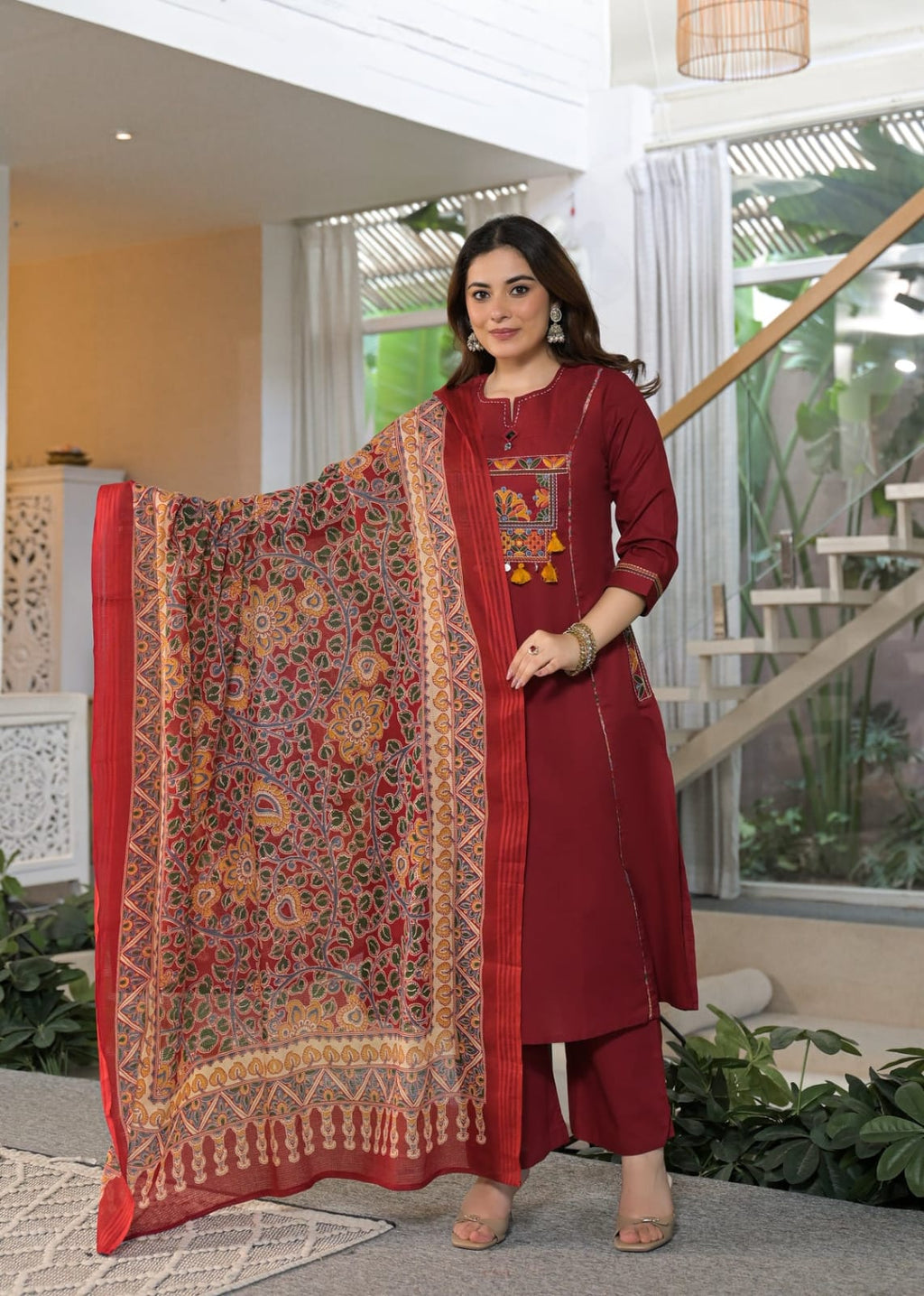 Maroon Embroidered Kurta Set with Kalamkari Print Dupatta