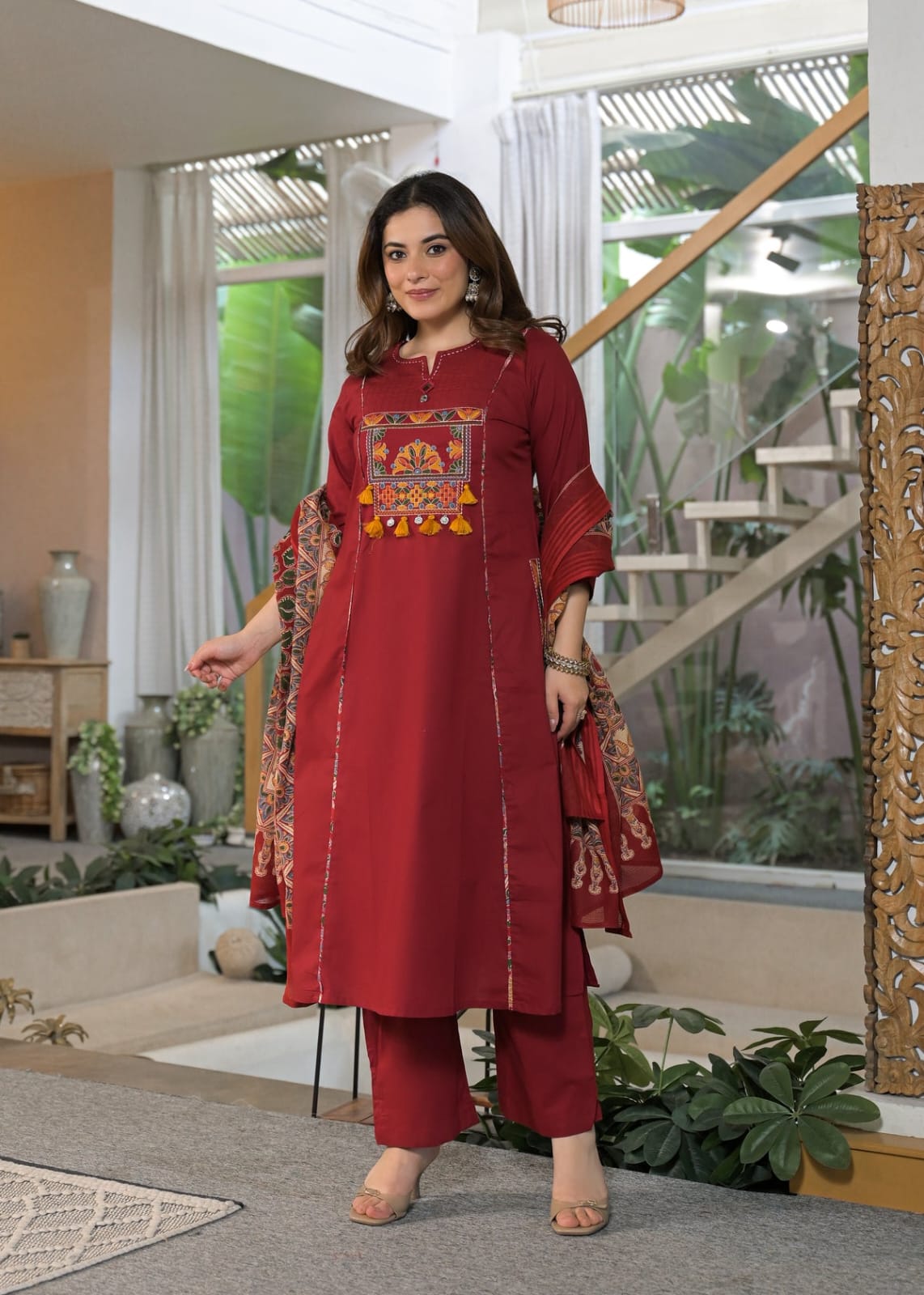 Maroon Embroidered Kurta Set with Kalamkari Print Dupatta