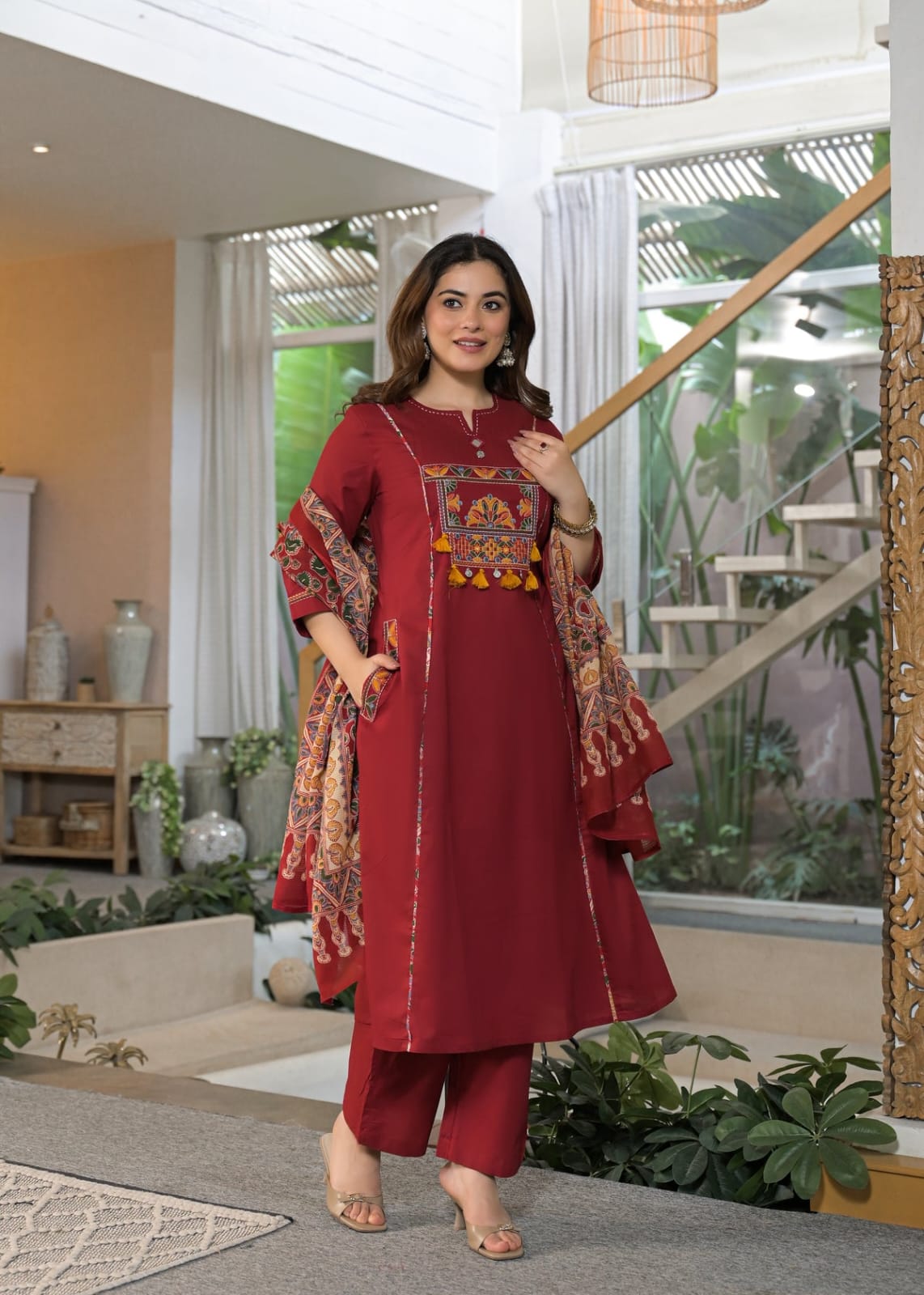 Maroon Embroidered Kurta Set with Kalamkari Print Dupatta